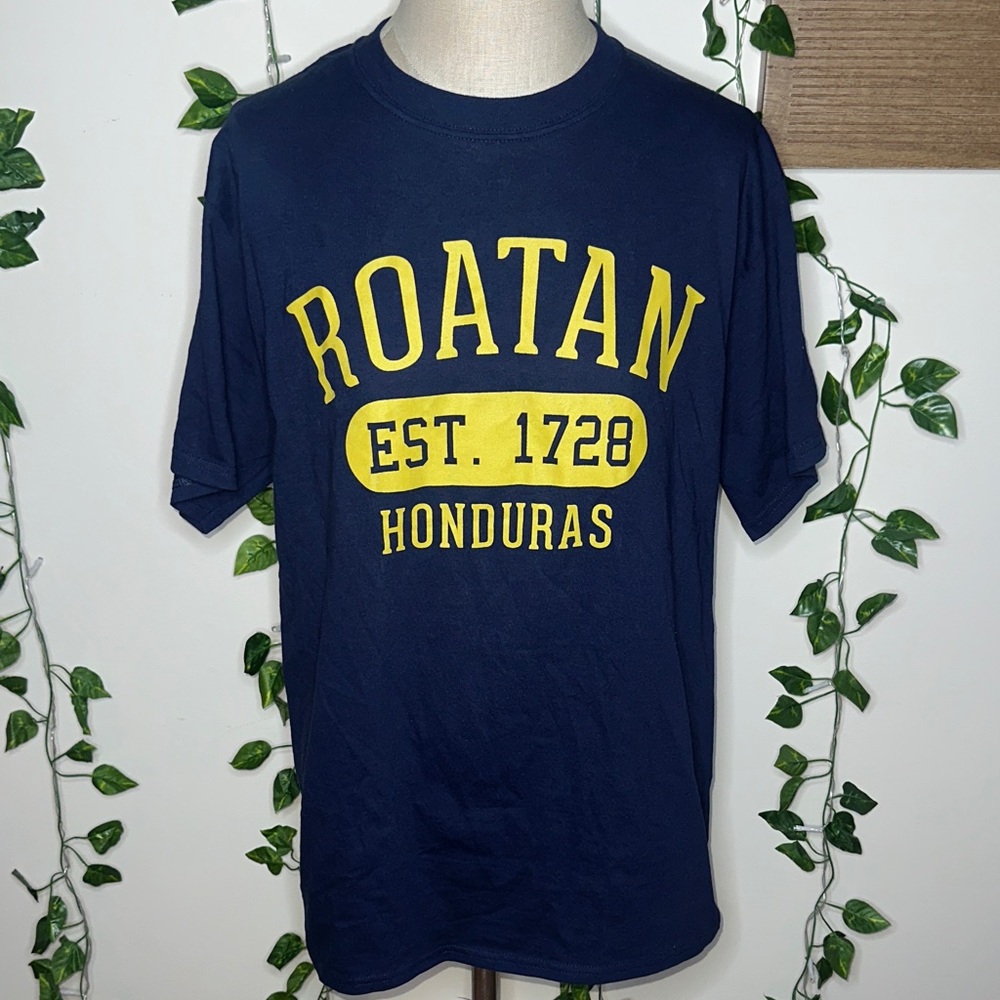 Roatan Honduras Graphic Tee Beach Vacation Summer Yellow Navy Blue